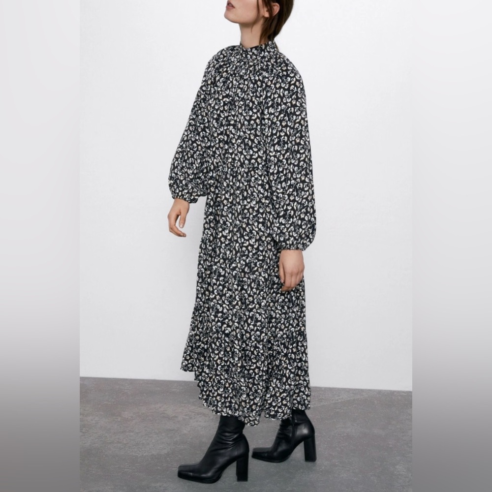 Zara Floral Printed Midi Dress, Black | size M Cottagecore